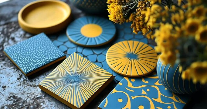 Hand-crafted epoxy resin coasters in vibrant yellow and blue hues add a touch of modern elegance to any home.