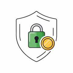 A shield with a padlock and a coin, representing financial security and protection.