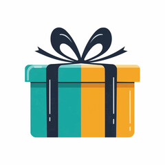A colorful gift box, split between turquoise and yellow, tied with a dark blue ribbon and bow.