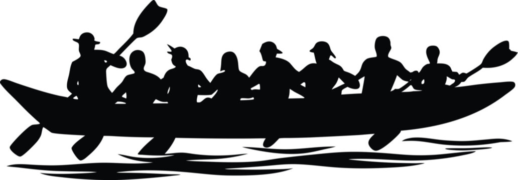 Silhouette of a Group Paddling in a Large Canoe on the Water