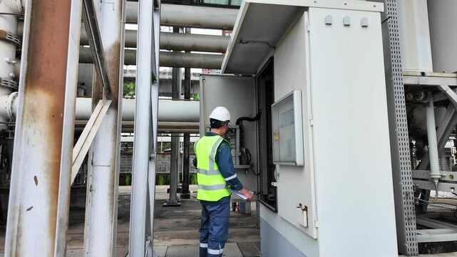 Technician inspects gas insulated switchgear at industrial substation ensuring safety and operational efficiency in complex electrical environment with proper operation and safety equipment