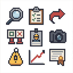 Safety Audit Icons. Pixel art icon set of safety audit and inspection: magnifying glass, clipboard audit checklist, corrective