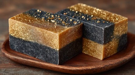 Two bars of artisan soap with gold glitter on a wooden plate for decoration and skincare