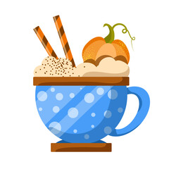 Vector pumpkin spice latte isolated on white background. Autumn coffee with whipped cream