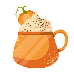 Vector pumpkin spice latte isolated on white background. Autumn coffee with whipped cream