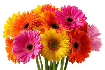Vibrant gerbera daisy bouquet in bright colors on a transparent background