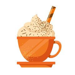 Vector pumpkin spice latte isolated on white background. Autumn coffee with whipped cream