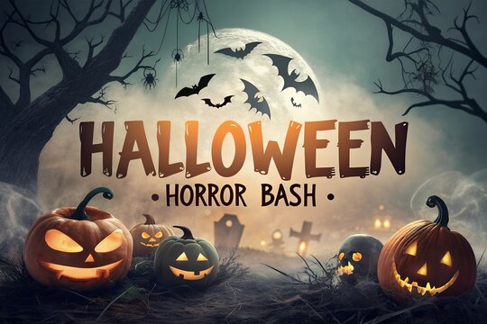 Spooky halloween horror bash celebration with glowing jack o lanterns bats flying across a full moon and eerie graveyard scene creating a terrifying atmosphere for the holiday
