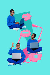 Image pop 3d zine vertical collage of happy girl guy stand phone device communication message icon...