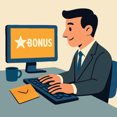 A smiling businessman in a suit types on a keyboard while a computer screen displays the word “BONUS.”