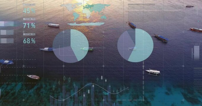Sunrise starting boats drifting in coastal bay, data overlaying, bars rising, pies splitting