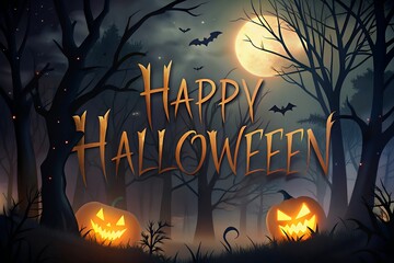 Spooky halloween night with glowing jack o lanterns silhouetted spooky trees flying bats and a large full moon creating a mysterious and eerie atmosphere for the holiday celebration