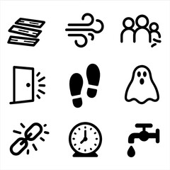 Scary Mansion Sounds Icons. Solid, filled icon set of Scary mansion sounds: creaking floor, howling wind, whispering voices,
