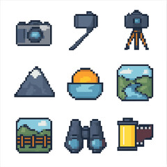 Scenic Photo Op Icons. Pixel art icon set of scenic photo ops: camera, selfie stick, tripod, mountain peak, sunset, river bend,