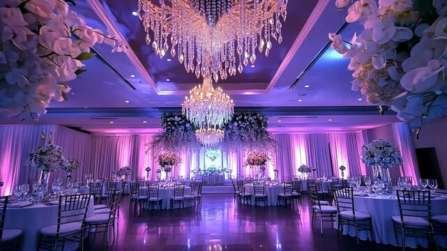 Elegant wedding reception hall with chandeliers, white floral arrangements, and tables set for guests.