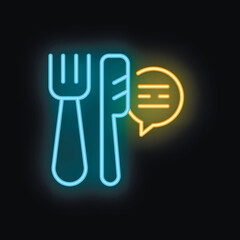 Glowing neon icon of a fork and knife with a speech bubble, perfect for representing online food reviews and restaurant ratings