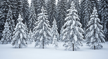 Fototapeta premium Snowy evergreen forest landscape winter trees