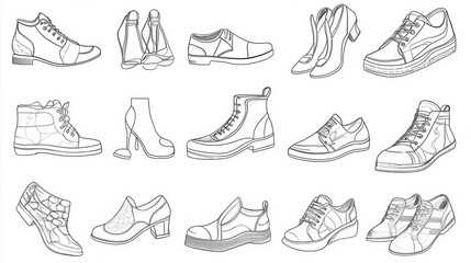 Illustration sketches of cartoon shoes and other footwear designs over a white background