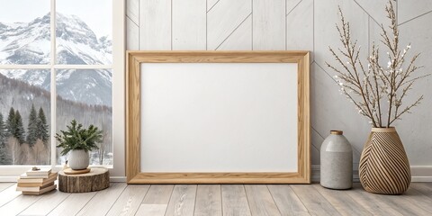 Square Wooden Frame Mockup Winter Mountain View, Minimalist Decor, Modern Interior Design, Scandinavian Style,Blank Canvas Mockup, Frame