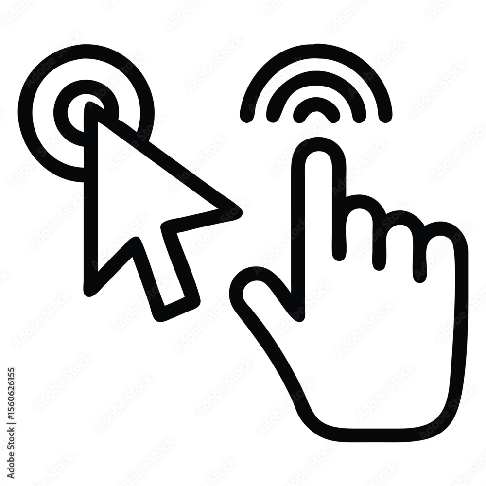 Poster Digital cursor hand clicking a computer mouse button with a pixelated arrow isolated on white background