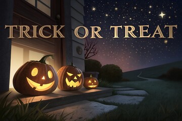 Three carved glowing pumpkins sit on a porch step under a starry night sky with the words trick or treat in golden lettering above them