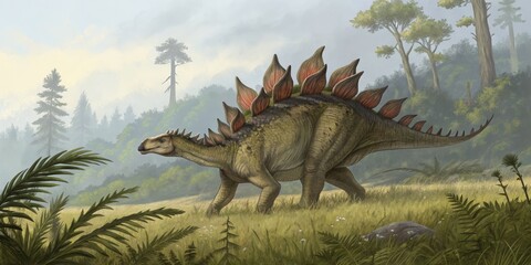 Stegosaurus in Misty Forest Digital Painting, Prehistoric Landscape, Jurassic Era, Dinosaur Art. Stegosaurus, Mesozoic