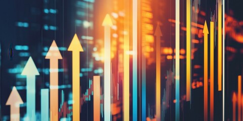 Dynamic illustration of glowing arrows pointing upward over a digital financial background, symbolizing business growth, success, market trends, and economic progress.