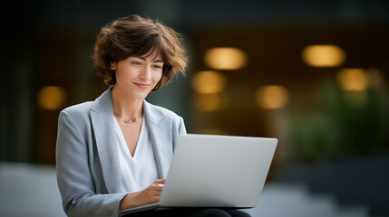 Businesswoman multitasking with laptop and notebook for efficiency