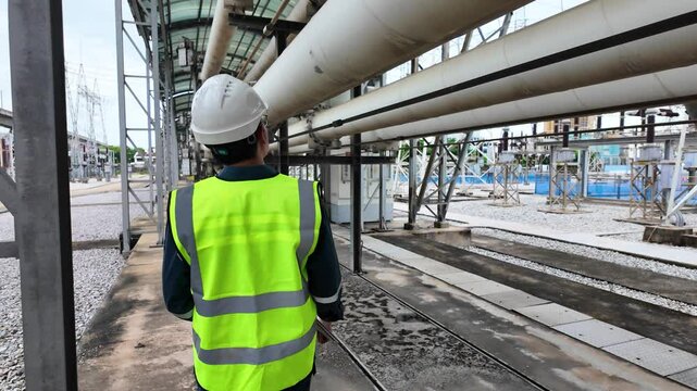 Gas insulated switchgear substation inspect worker safety vest helmet walking large industrial pipes outdoor electrical facility industrial environment metal structures electrical equipment inspection