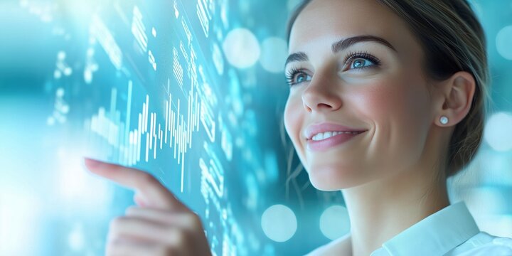 Confident businesswoman smiling and pointing at a futuristic digital financial graph, representing innovation, data analysis, and smart investment in a high-tech corporate environment.
