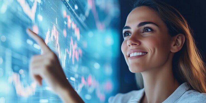 Confident businesswoman smiling and pointing at a futuristic digital financial graph, representing innovation, data analysis, and smart investment in a high-tech corporate environment.