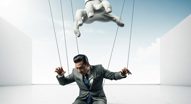 Businessman Controlled by Giant Hand Puppet Strings.AI-generated