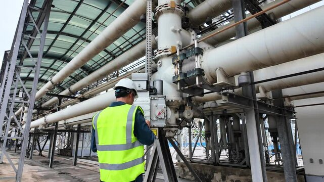 Gas insulated switchgear substation inspect by worker wearing safety helmet and vest ensuring industrial operational safety with electrical equipment and large metal structures maintenance