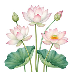 Fototapeta premium Delicate pink lotus flowers and buds with green leaves isolated on transparent background