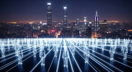 Futuristic cityscape with glowing figures connected by digital lines, at night.
