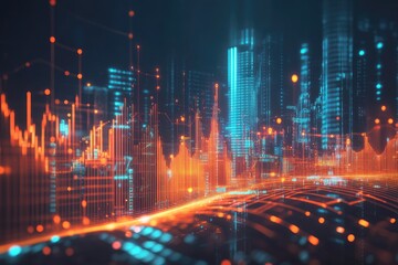 Cityscape overlaid with data visualizations