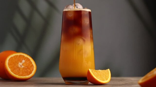 Iced bumble coffee making process. Fresh orange juice and espresso pouring into glass with ice and caramel syrup. Sliced ​​orange on the table. In the background, shadows from palm trees