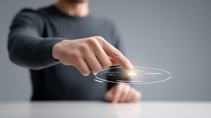 Man curiously interacts with holographic star chart with high fidelity