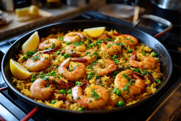 Shrimp and vegetable paella cooking on a stovetop with vibrant colors and fresh ingredients in a cozy kitchen