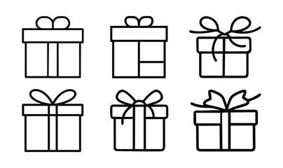 Six stylish gift boxes with different decorative ribbon styles in monochrome illustration