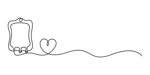 Fototapeta premium Continuous single line drawing of iv bag - medical equipment. Blood medical bag, iv bag, Medicine, clinic and health care symbol. Vector illustration