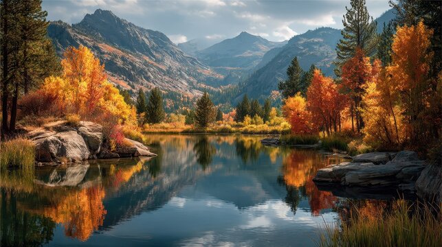 Serene autumn reflection in banff national park, canada with rocky mountains background