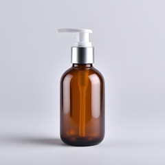 Amber glass bottle with pump dispenser isolated on white — cosmetic or pharmaceutical product mockup.
