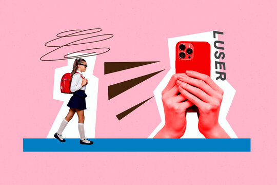 Composite artwork collage sketch of autumn school lesson elementary pupil young girl walk hand hold smartphone loser abuse cyberbullying
