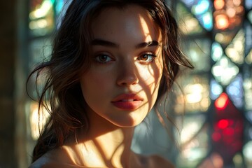 Obraz premium Soft sunlight filters through stained glass, casting a warm and gentle glow on a woman's face