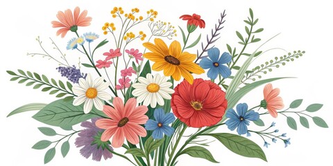 Obraz premium Vibrant Wildflower Bouquet Digital Illustration, Floral Composition, Botanical Art, Summer Blooms Floral illustration, Botanical art