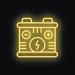Yellow neon icon of accumulator battery glowing in dark, concept of electric energy storage