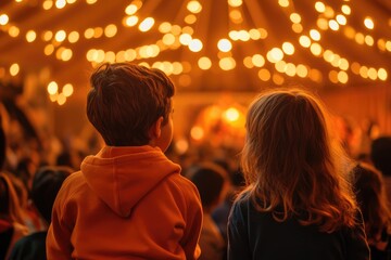 Two children, back view, in a crowded indoor space, looking at a warm, lit ceiling