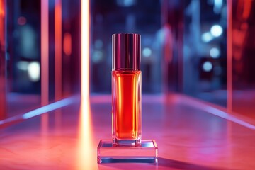The rich lip gloss bottle gleams under the light, placed on a high-end c4d-style display stand