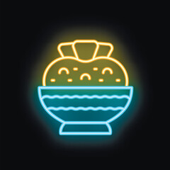 Bright neon icon of a steaming bowl of ramen is depicted against a dark backdrop, evoking the vibrant atmosphere of a bustling ramen shop